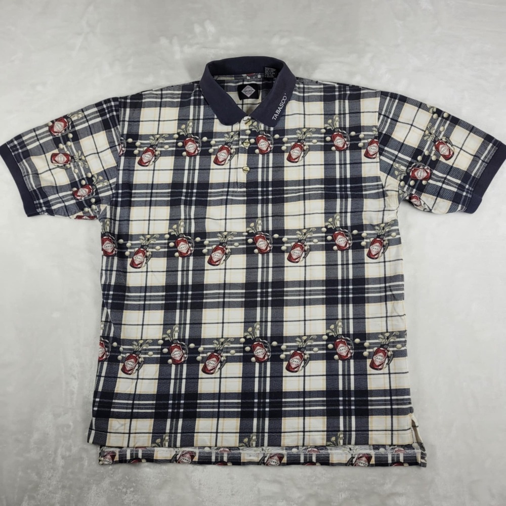 Vintage Tabasco Polo Shirt Men's Large Plaid Golf Club All Over Print Casual‎